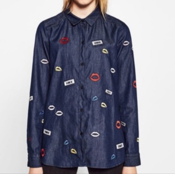 Y2k Zara Denim Shirt with Cassettes and Lips - Picture 1 of 5